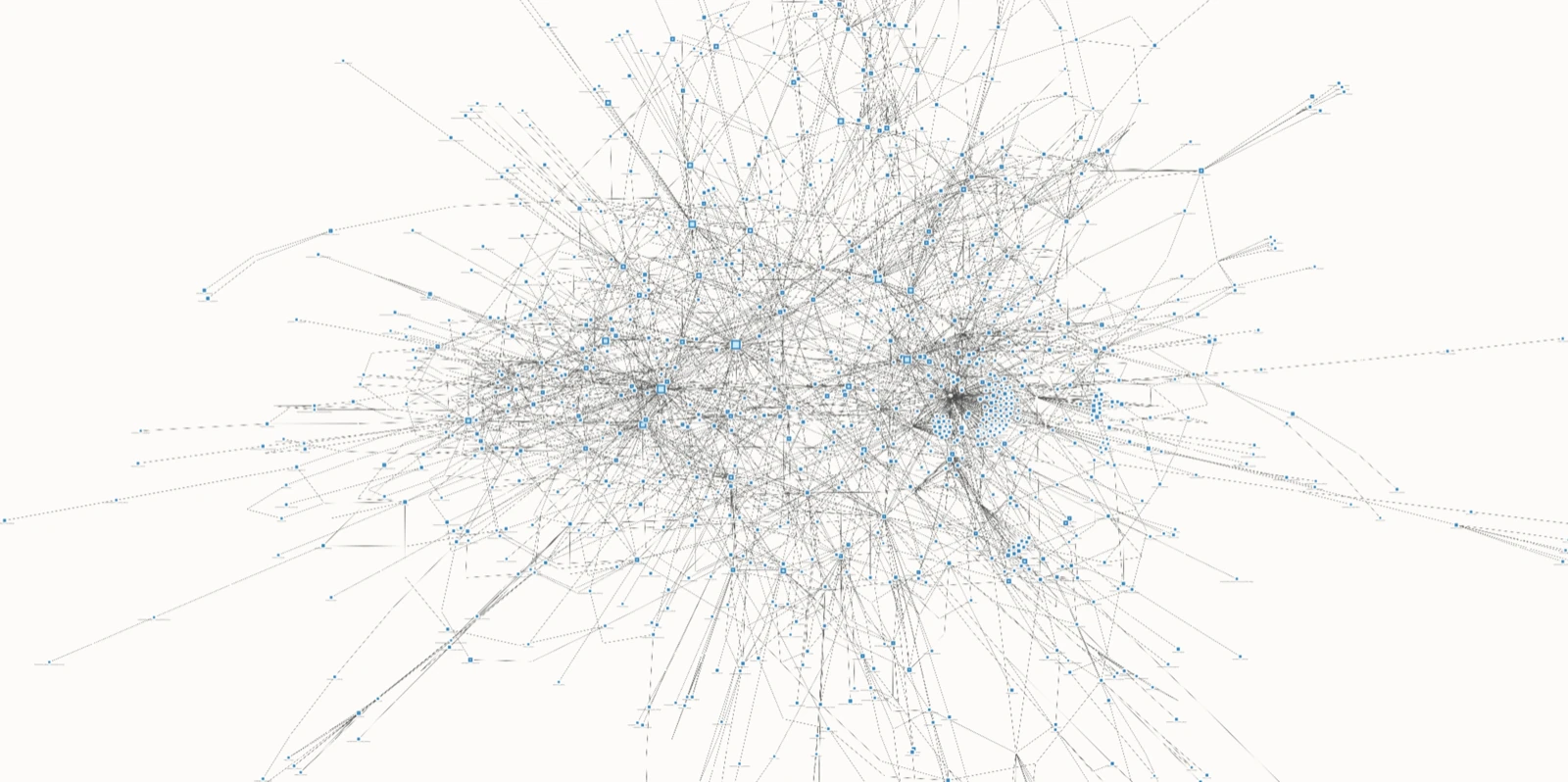 A dense network map of Temporal Server: thousands of file nodes joined by thin links, with two heavy hubs near the centre, a fan of tightly packed nodes to their right, and long spokes reaching sparse nodes at the edges.